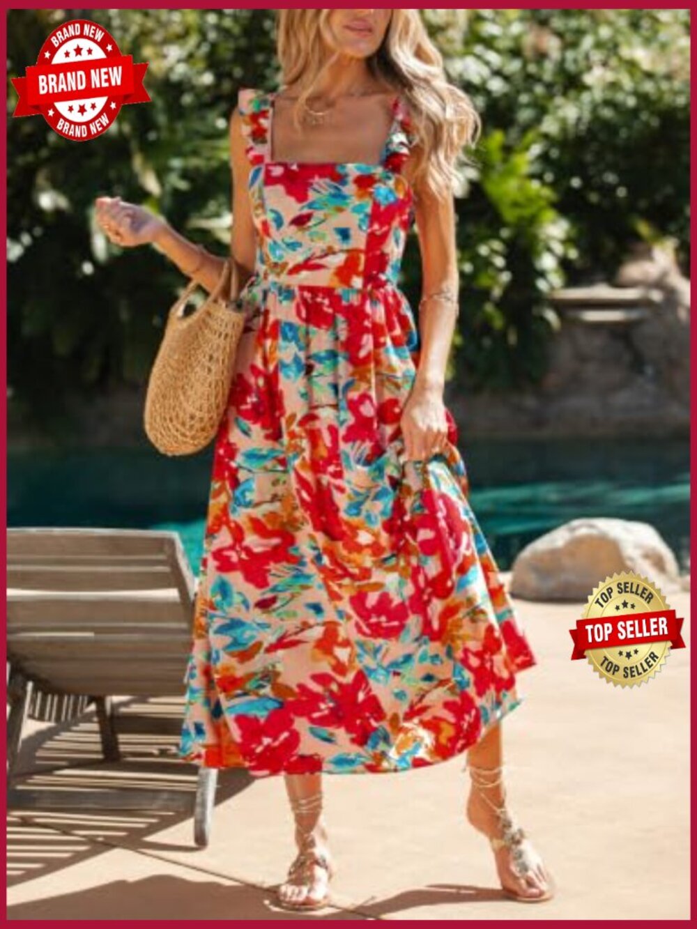 Boho Floral Midi Sundress Square Neck Ruffle Sleeveless Smocked Bow Dress Flowy - Picture 6 of 7
